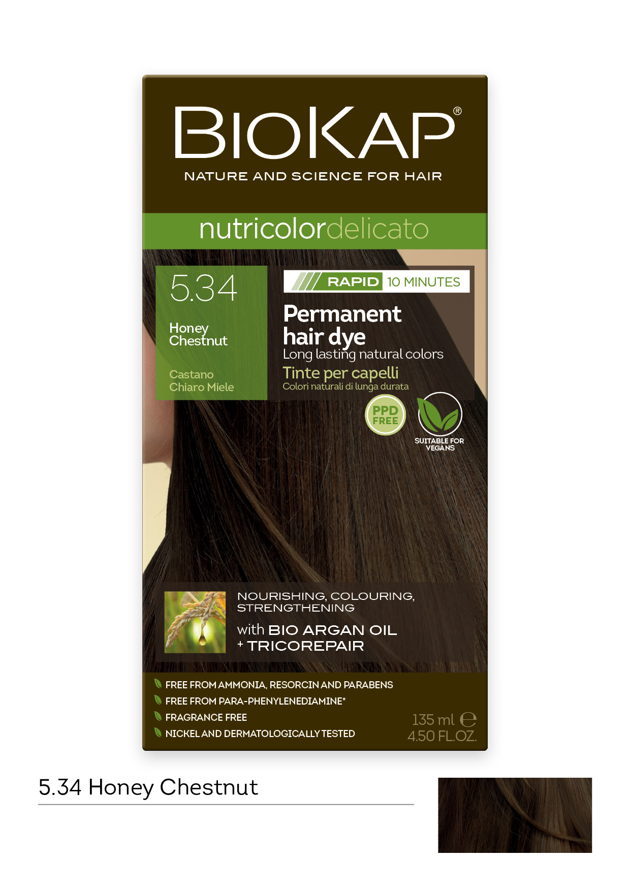 BioKap Nutricolor Delicato Rapid Hair Dye - Honey Chestnut 5.34 